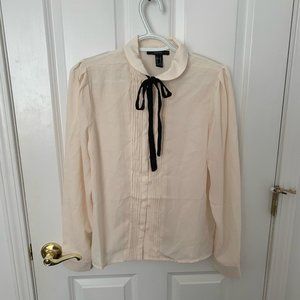 Cream Button Up Blouse with Black Bow